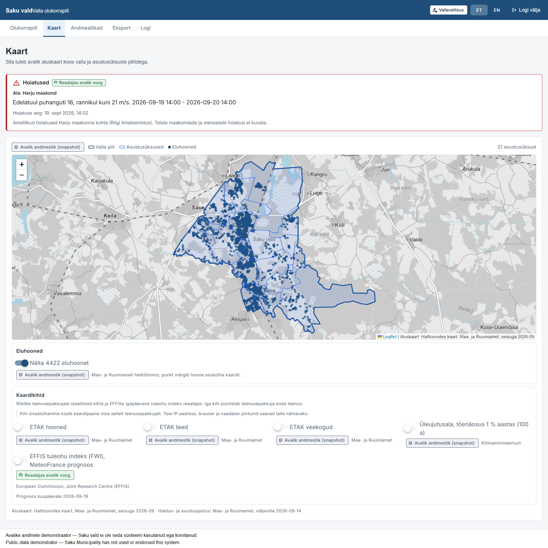 Saku municipality public-data demonstration map in Estonian, showing the boundary, settlement polygons and residential buildings over the national base map.